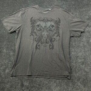 True Nation T-Shirt Men 2XL Gray Good Double Skulls Cross Biker Graphic Tee